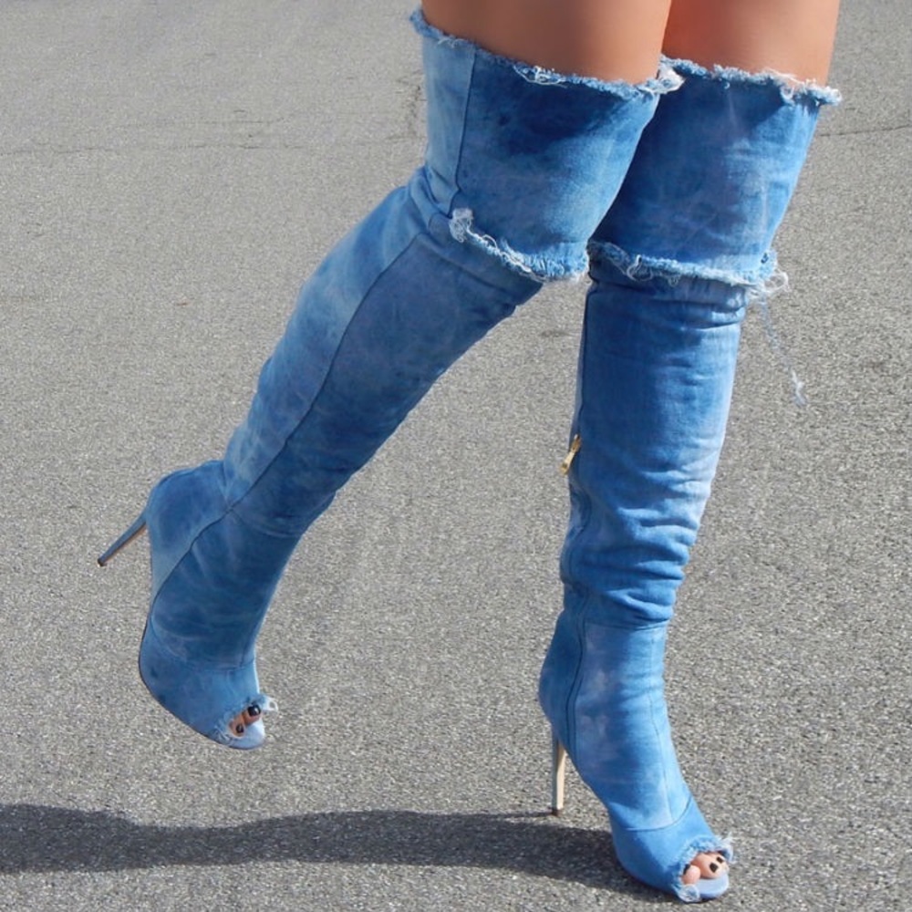 Demin distressed thigh high boots